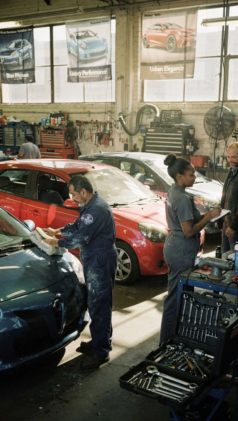 Technician carefully restoring the exterior of a compact urban car at a New York auto body repair studio