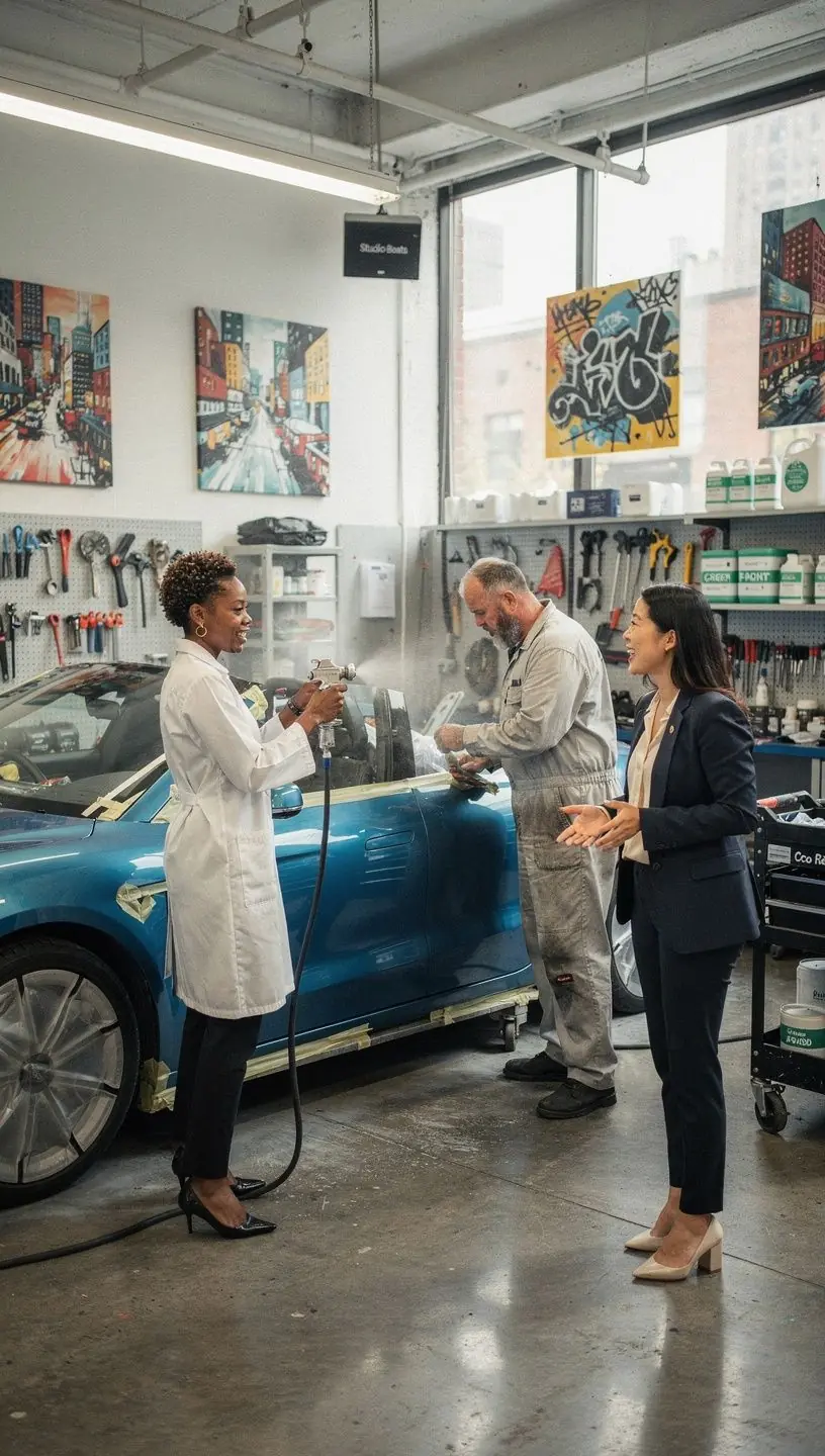 Interior view of a clean, organized New York auto body repair studio specializing in compact car restoration